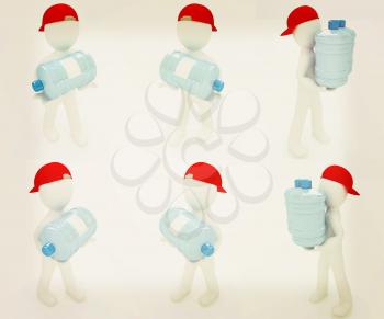 Set of 3d man carrying a water bottle with clean blue water on a white background. 3D illustration. Vintage style.