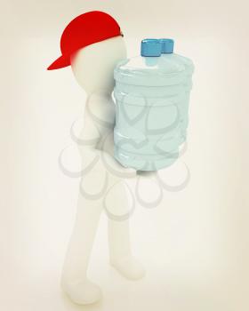 3d man carrying a water bottle with clean blue water on a white background. 3D illustration. Vintage style.