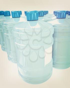 Bottles with clean blue water on a white background. 3D illustration. Vintage style.