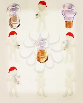 Set of 3d man with energy saving light bulb isolated on white . 3D illustration. Vintage style.