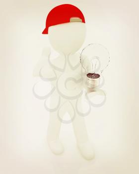 3d man with light bulb on white . 3D illustration. Vintage style.