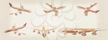 Set of airplane  on a white background. 3D illustration. Vintage style.