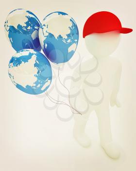 3d man keeps balloons of earth. Global holiday on a white background. 3D illustration. Vintage style.