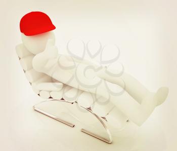 3d white man lying chair with thumb up on white background . 3D illustration. Vintage style.