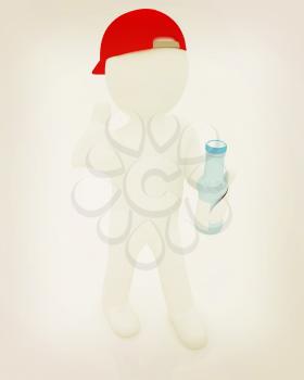 3d man with a water bottle with clean blue water on a white background. 3D illustration. Vintage style.