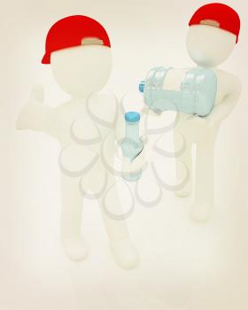 3d mans with a water bottle with clean blue water on a white background. 3D illustration. Vintage style.