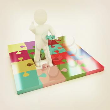3d people - missing piece - jigsaw. 3d render. The concept of niche on a white background. 3D illustration. Vintage style.