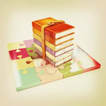 Puzzle and books on a white background. 3D illustration. Vintage style.