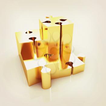 Concept of growth of gold puzzles on a white background. 3D illustration. Vintage style.