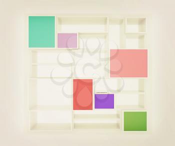 3d isolated Empty colorful bookshelf on a white background. 3D illustration. Vintage style.