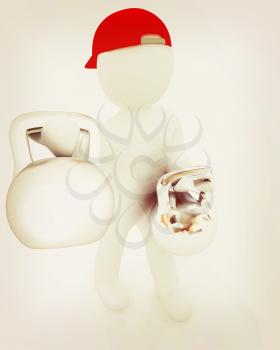 3d man with kettlebell. Bodybuilding. Lifting kettlebell on a white background. 3D illustration. Vintage style.