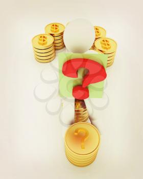 Question mark in the form of gold coins with dollar sign with 3d man on a white background. 3D illustration. Vintage style.