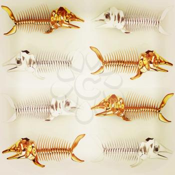 Set of 3d metall illustration of fish skeleton on a white background. 3D illustration. Vintage style.