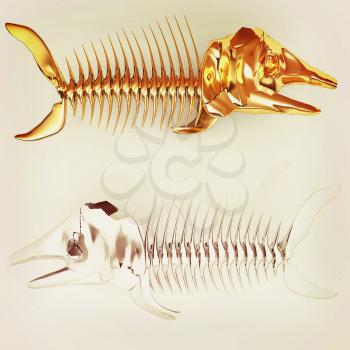 3d metall illustration of fish skeleton on a white background. 3D illustration. Vintage style.