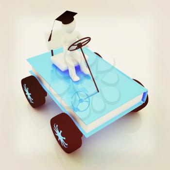 on race cars in the world of knowledge. The concept of rapid learning on a white background. 3D illustration. Vintage style.