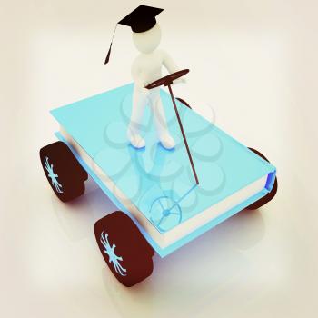 on race cars in the world of knowledge. The concept of rapid learning on a white background. 3D illustration. Vintage style.