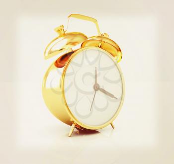 Gold alarm clock on a white background. 3D illustration. Vintage style.