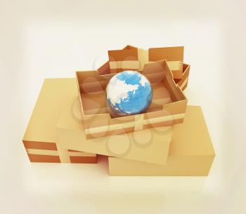Cardboard boxes and earth . 3D illustration. Vintage style.