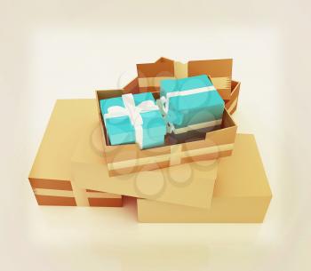 Cardboard boxes, gifts and earth on a white background. 3D illustration. Vintage style.