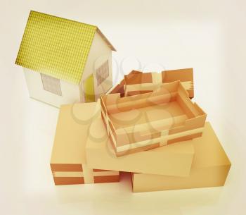 Cardboard boxes and house on a white background. 3D illustration. Vintage style.