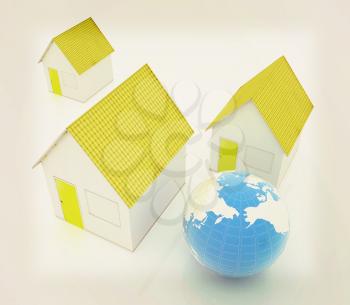 Houses and Earth on a white background. 3D illustration. Vintage style.