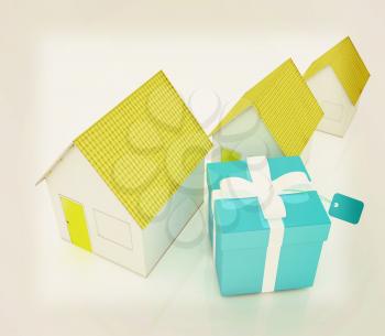 Houses and gift . 3D illustration. Vintage style.