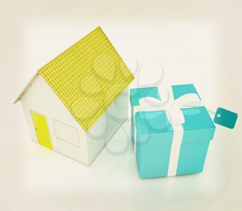 Houses and gift . 3D illustration. Vintage style.