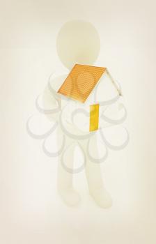 3d man with house on a white background. 3D illustration. Vintage style.