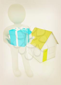 3d man with gift and house on a white background. 3D illustration. Vintage style.