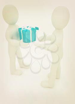3d man gives gift on a white background. 3D illustration. Vintage style.