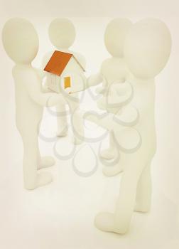 3d man gives house on a white background. 3D illustration. Vintage style.