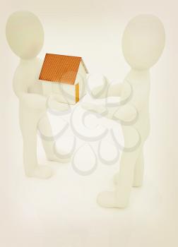 3d man gives house on a white background. 3D illustration. Vintage style.