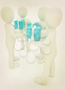 3d mans gives gifts on a white background. 3D illustration. Vintage style.