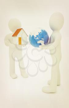 3d mans, houses and earth on a white background. 3D illustration. Vintage style.