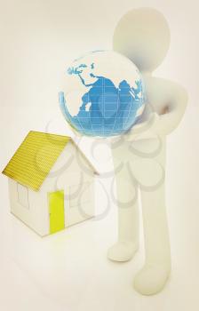3d man, houses and earth on a white background. 3D illustration. Vintage style.