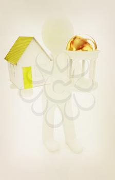 3d man with houses and rotunda on a white background. 3D illustration. Vintage style.
