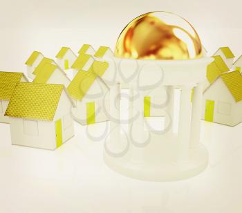 Rotunda and houses on a white background. 3D illustration. Vintage style.
