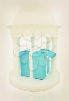 Gift box in rotunda on a white background. 3D illustration. Vintage style.