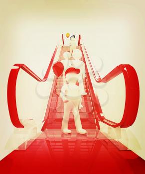 Escalator and 3d mans with colorfull balloons on a white background. 3D illustration. Vintage style.