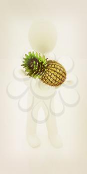 3d man with pineapple on a white background. 3D illustration. Vintage style.