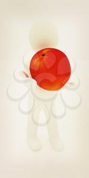 3d man with fresh peaches on a white background. 3D illustration. Vintage style.