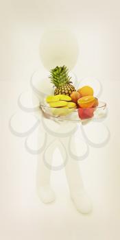 3d man with citrus on a plate on a white background. 3D illustration. Vintage style.