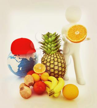 3d man with citrus and earth on a white background. 3D illustration. Vintage style.