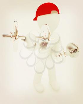 3d man with metal dumbbells on a white background. 3D illustration. Vintage style.
