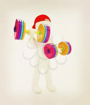 3d man with colorfull dumbbells on a white background. 3D illustration. Vintage style.