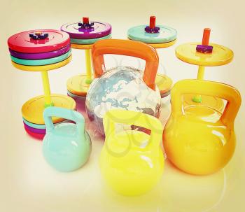 Colorful weights and dumbbells and earth. Global on a white background. 3D illustration. Vintage style.