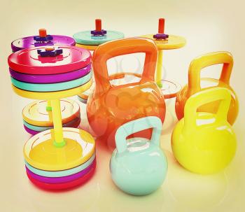 Colorful weights and dumbbells on a white background. 3D illustration. Vintage style.