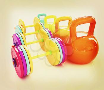 Colorful weights and dumbbells on a white background. 3D illustration. Vintage style.