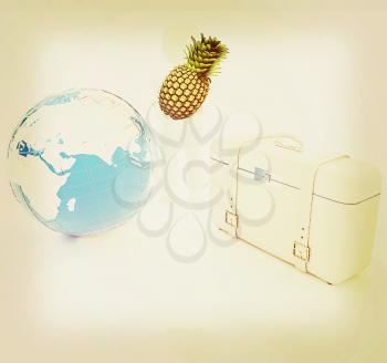3d man with pineapple,earth and traveler's suitcase on a white background. 3D illustration. Vintage style.