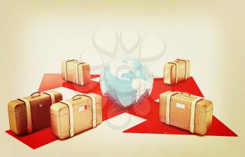 The concept of distribution of luggage at the airport on a white background. 3D illustration. Vintage style.